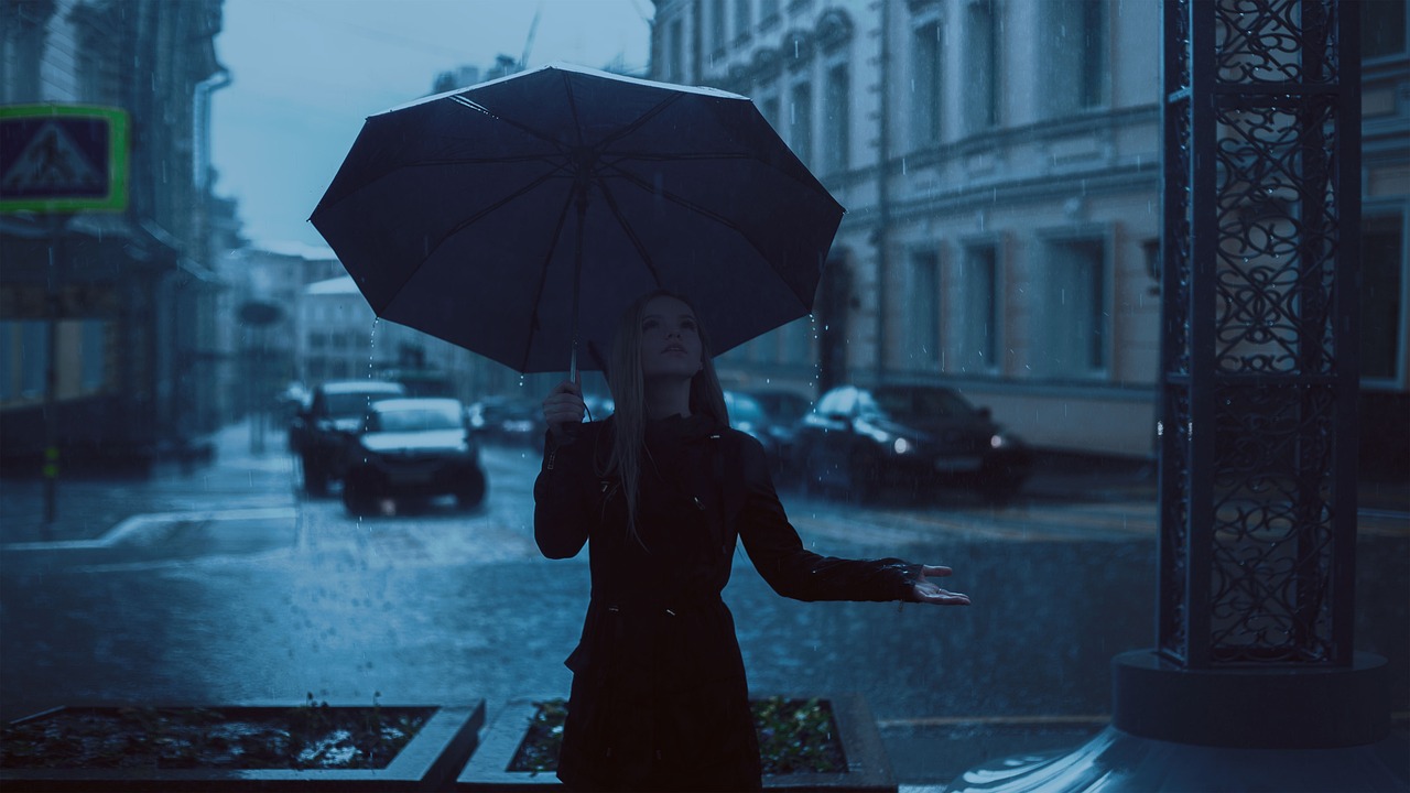 girl, umbrella, rain, park, autumn, blue, nature, rainy day, blue rain, blue park, blue umbrella